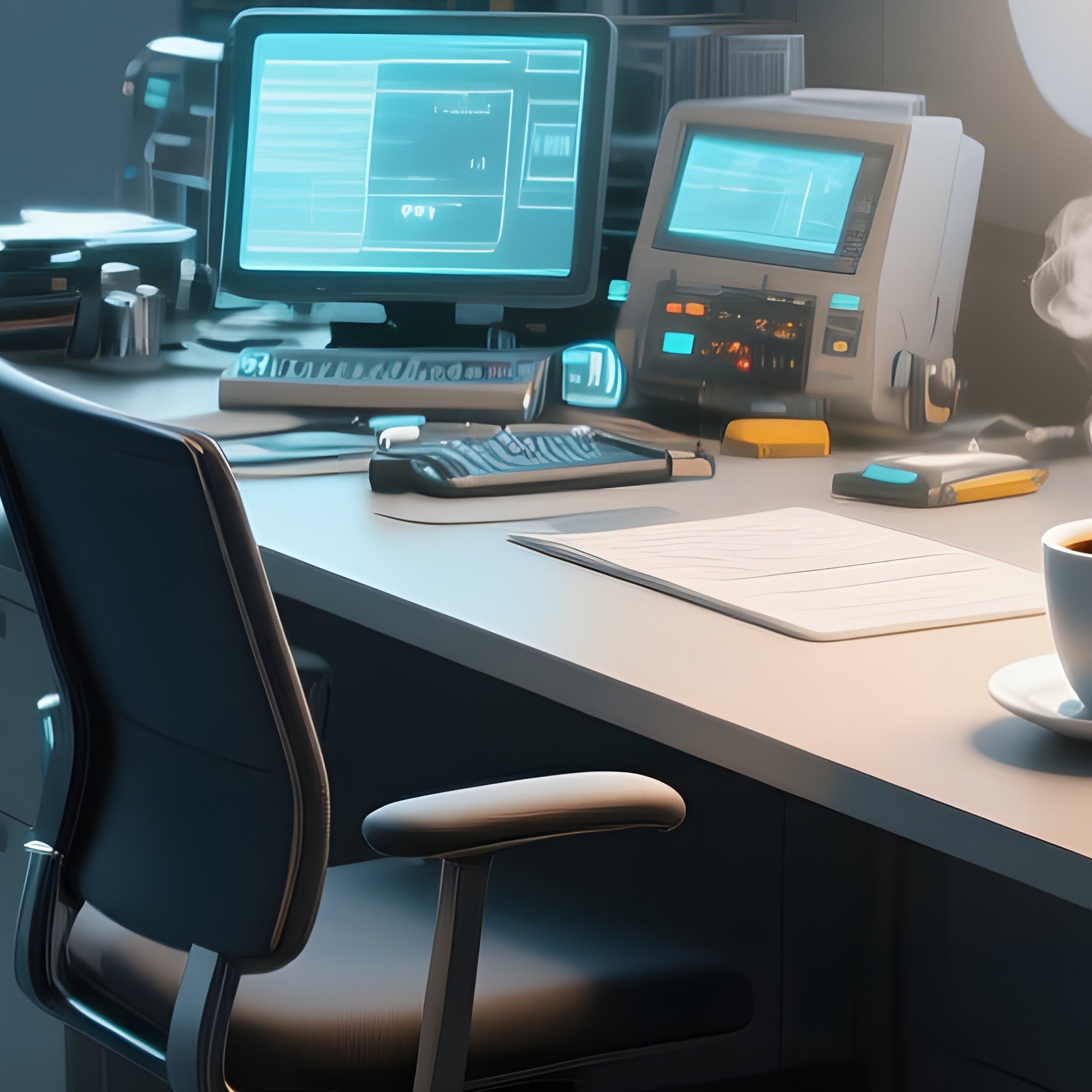 An Office Desk Perched On A Narrow Ledge Of An Asteroid, Cluttered With Futuristic Gadgets, A - Full Resolution Quality Preview