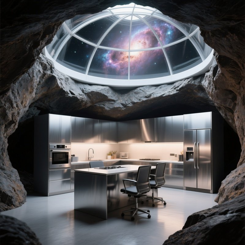 An Office Kitchen Set Within A Hollowed Out Space Rock, Stainless Steel Appliances Reflecting The