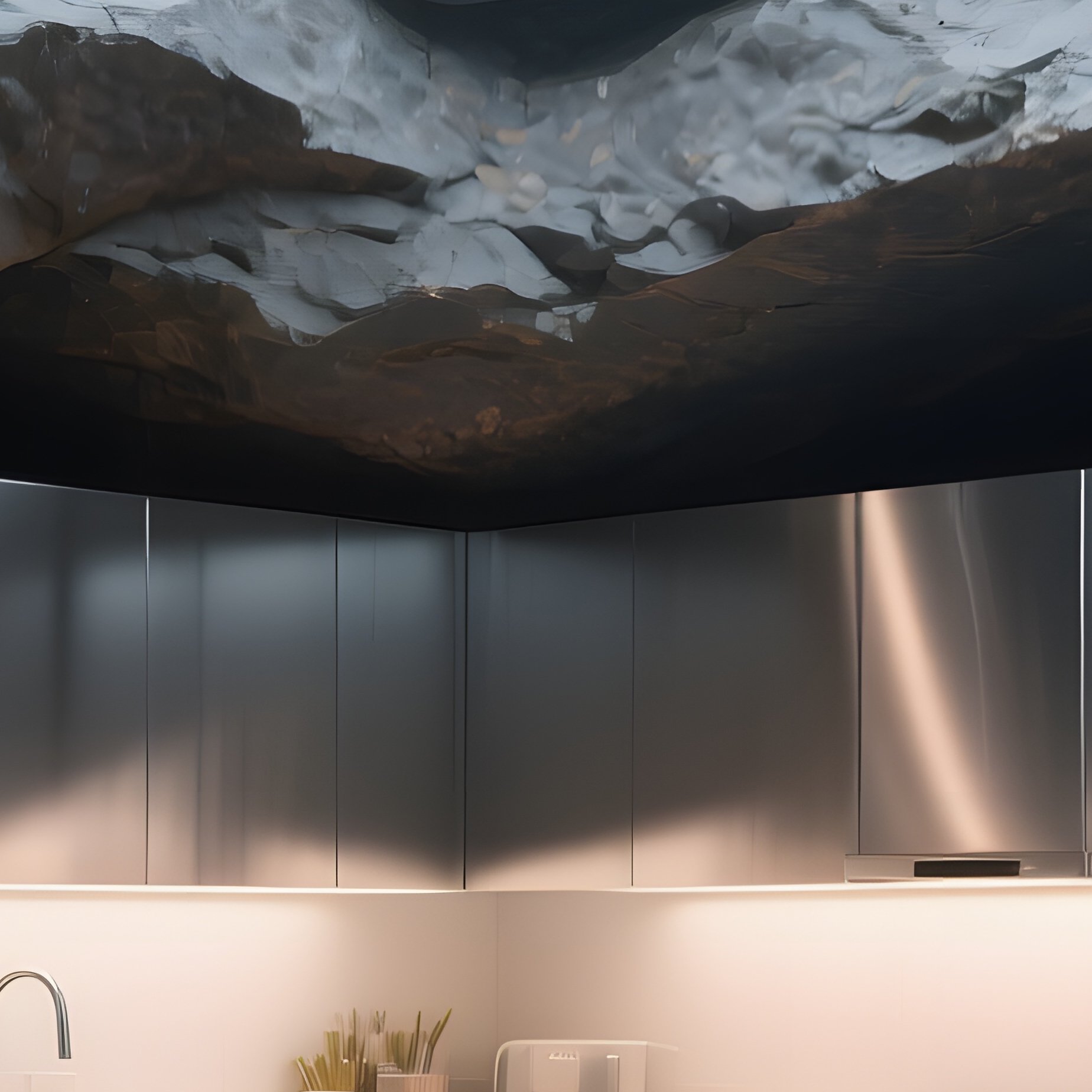 An Office Kitchen Set Within A Hollowed Out Space Rock, Stainless Steel Appliances Reflecting The - Full Resolution Quality Preview