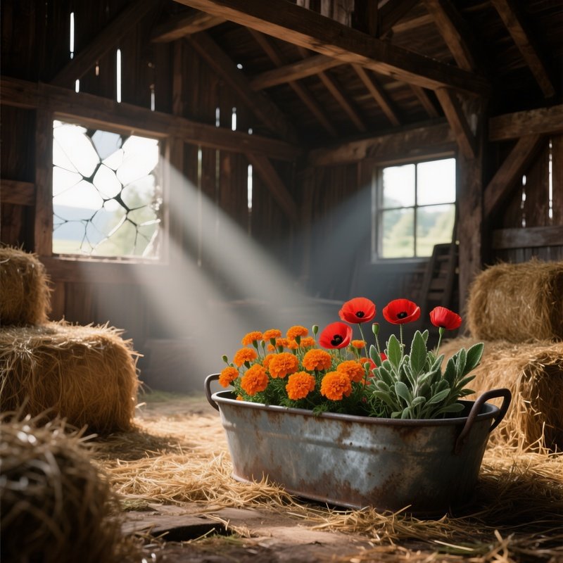 An Old Barn Interior With Hay Bales And Wooden Beams, A Rustic Metal Trough Filled With Bright