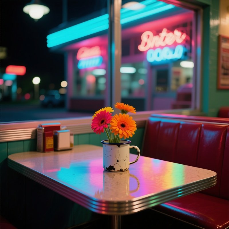 An Old Fashioned Diner Booth At Night, Neon Signs Flickering Outside, With A Small Tabletop