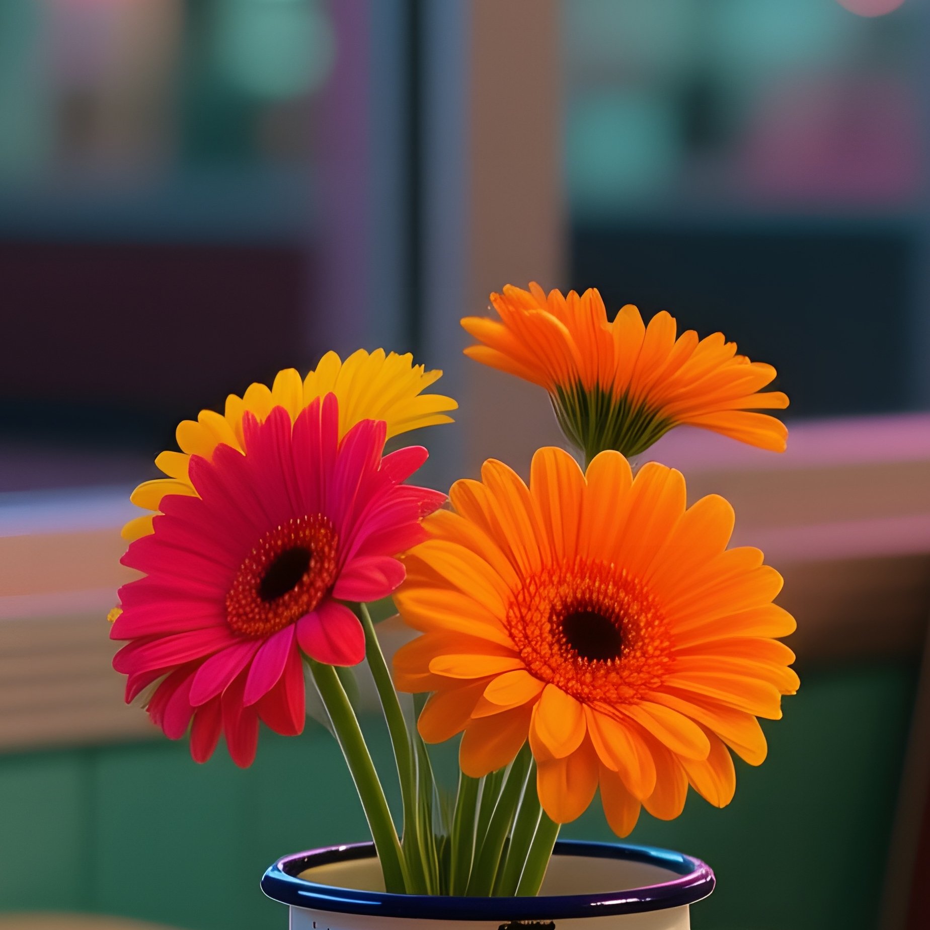 An Old Fashioned Diner Booth At Night, Neon Signs Flickering Outside, With A Small Tabletop - Full Resolution Quality Preview