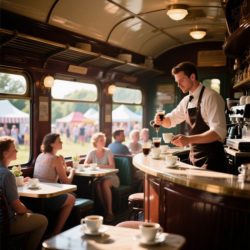 An Old Fashioned Train Car Converted Into A Cafe During A Summer Festival, Patrons Seated At Tables