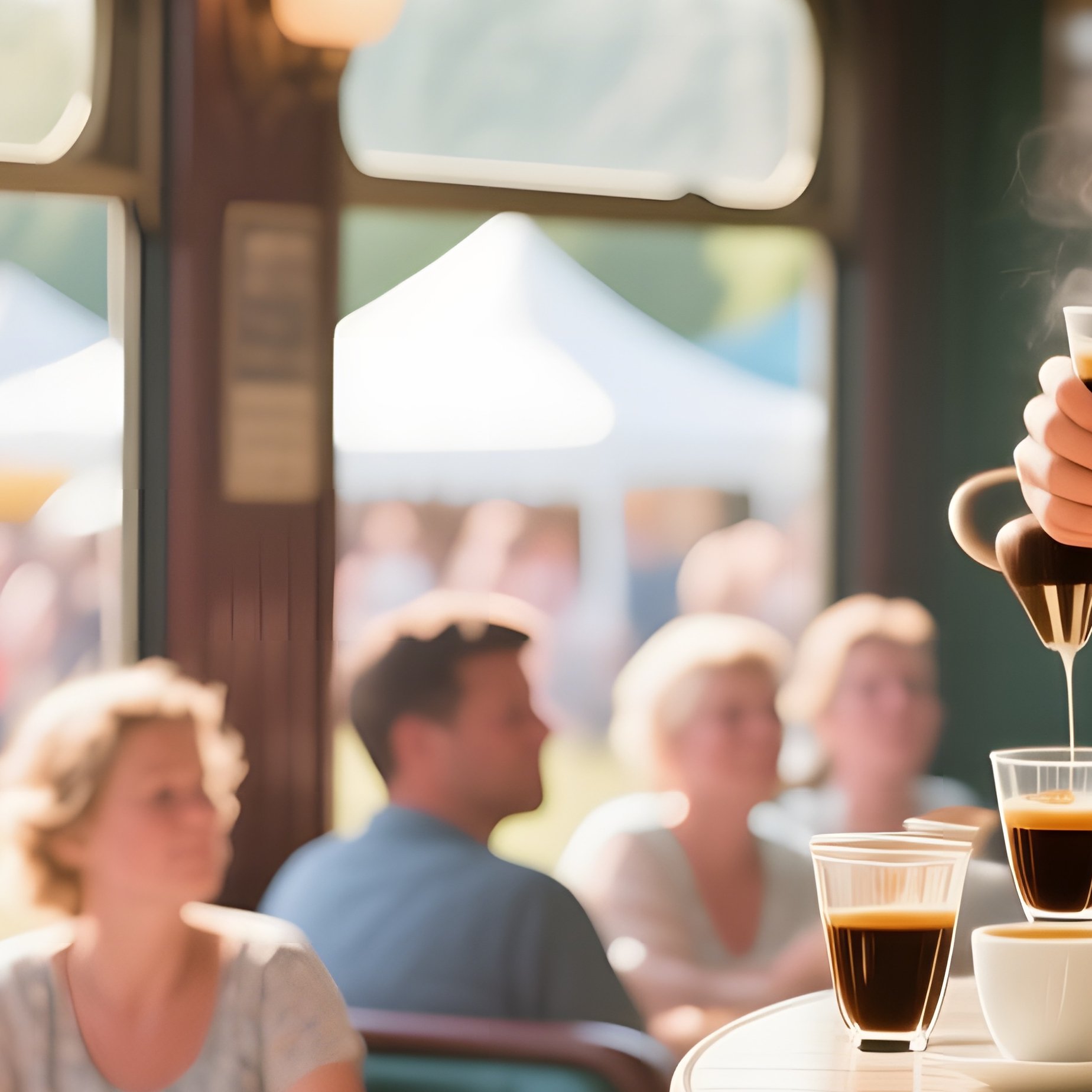 An Old Fashioned Train Car Converted Into A Cafe During A Summer Festival, Patrons Seated At Tables - Full Resolution Quality Preview