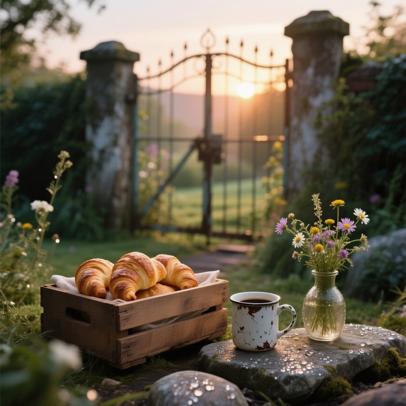 An Old Garden Gate At Sunrise, Where A Wooden Crate Holds Freshly Baked Croissants, A Chipped
