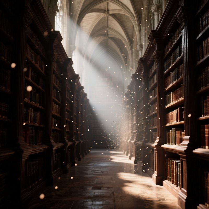 An Old Library Aisle Lined With Towering Bookshelves Of Dark Walnut, Dust Motes Floating In Shafts