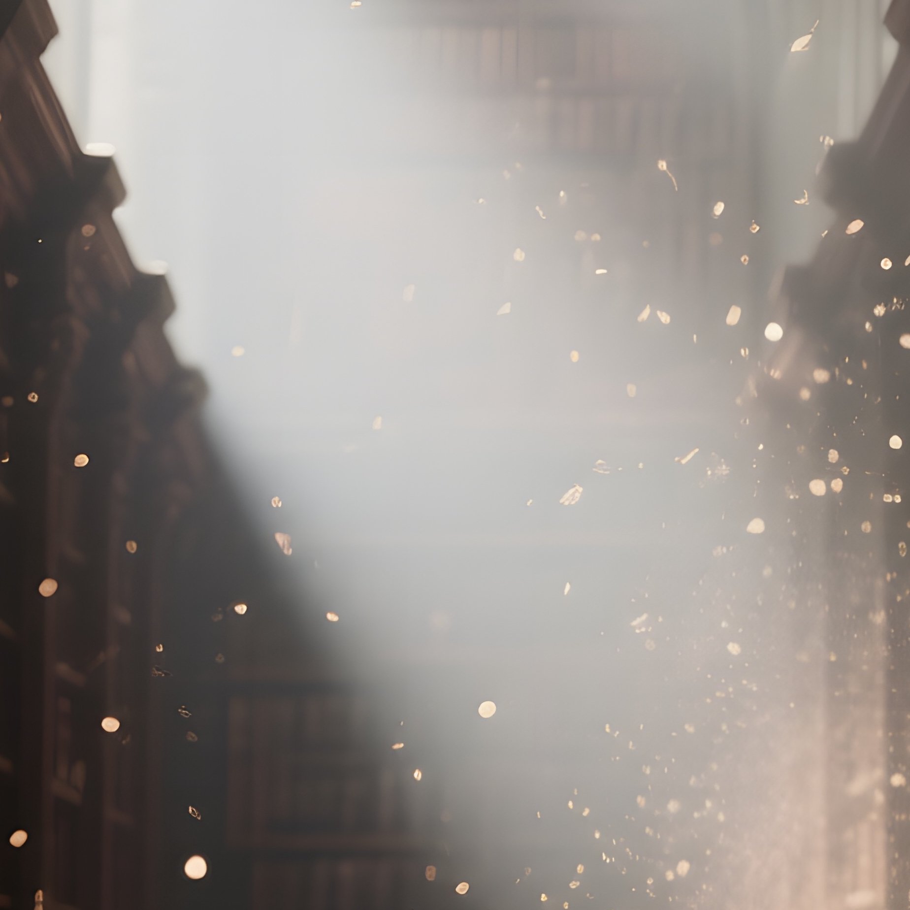 An Old Library Aisle Lined With Towering Bookshelves Of Dark Walnut, Dust Motes Floating In Shafts - Full Resolution Quality Preview