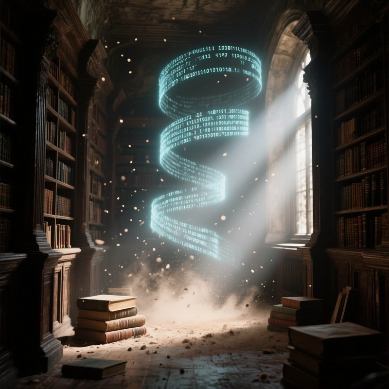 An Old Library Interior, Dust Motes Illuminated By Shafts Of Light, With Ghostly Holographic Code