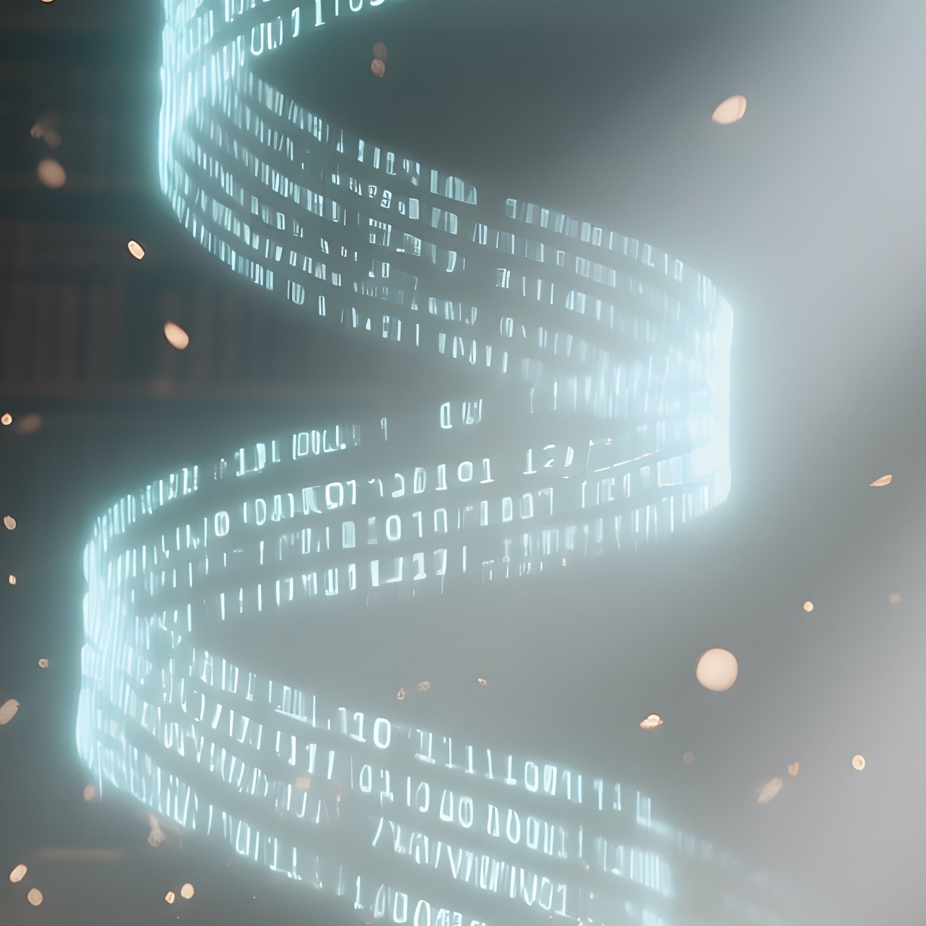 An Old Library Interior, Dust Motes Illuminated By Shafts Of Light, With Ghostly Holographic Code - Full Resolution Quality Preview