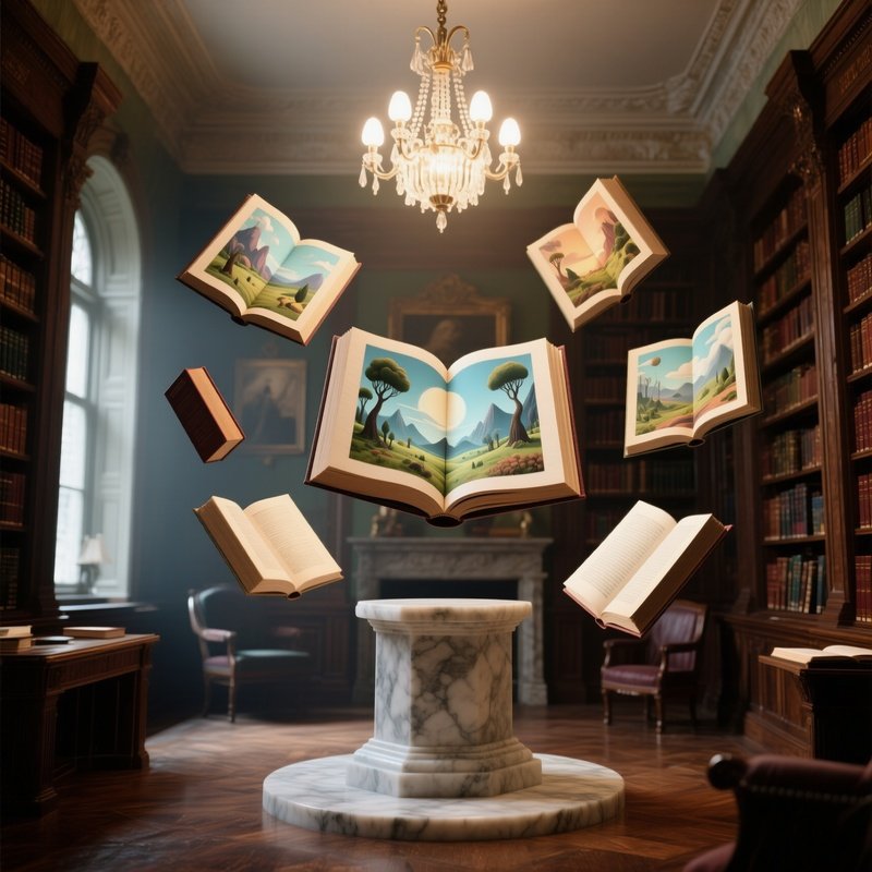 An Old Library Reading Room Where Floating Books Orbit A Central Marble Pedestal, Each Page