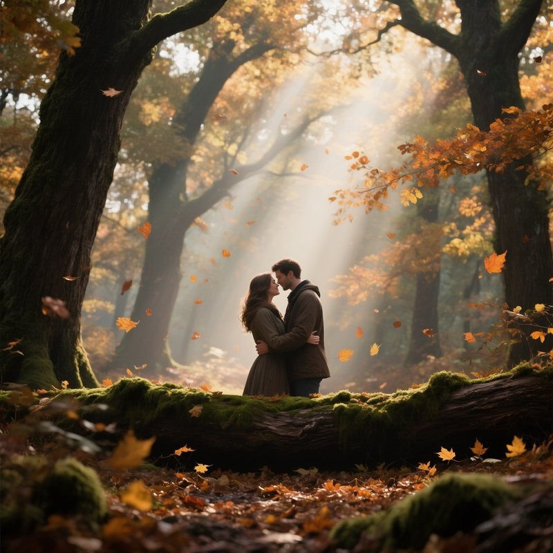 An Old Oak Forest In Autumn, Leaves Rustling As A Couple Shares An Embrace On A Mossy Log, Shafts