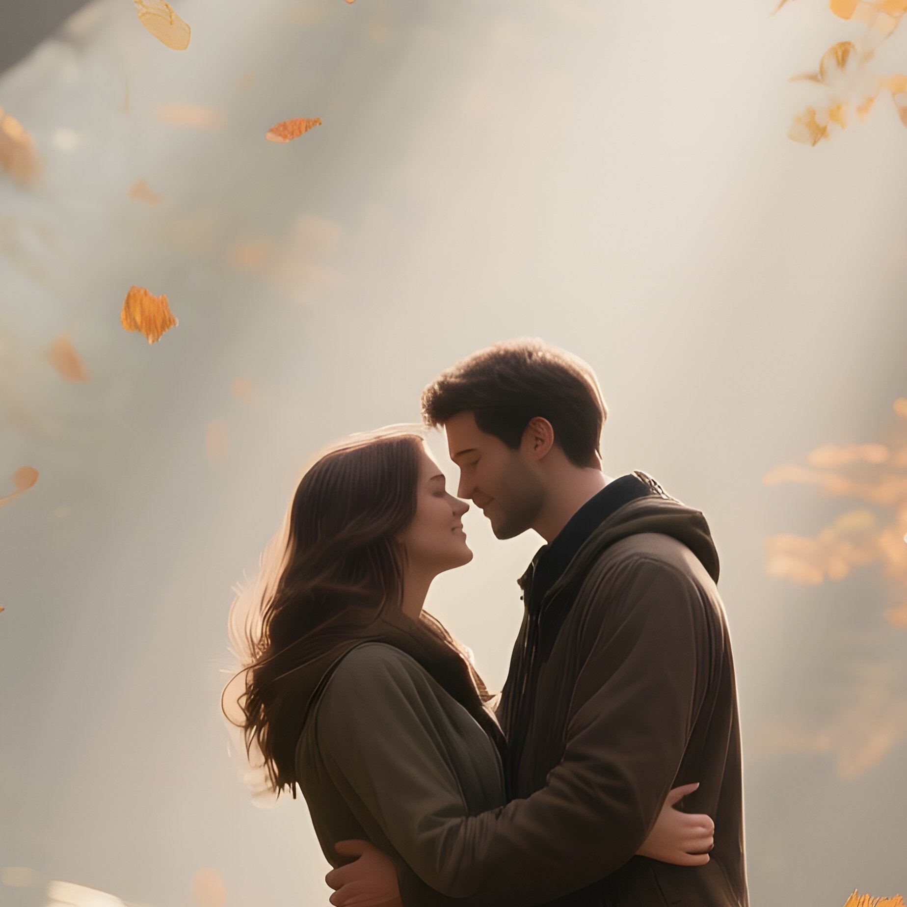 An Old Oak Forest In Autumn, Leaves Rustling As A Couple Shares An Embrace On A Mossy Log, Shafts - Full Resolution Quality Preview