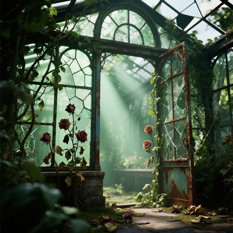 An Old Victorian Greenhouse Overtaken By Vines, Broken Glass Panes Letting In Shafts Of Greenish