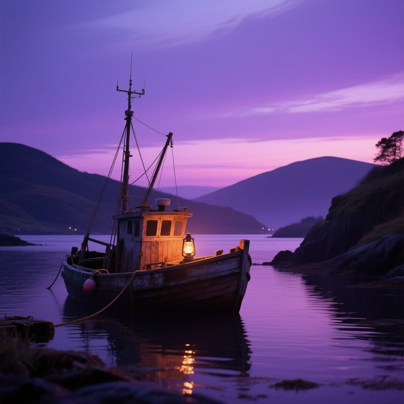 An Old Wooden Fishing Trawler Anchored In A Sheltered Cove At Dusk, Its Lantern Casting A Warm Glow