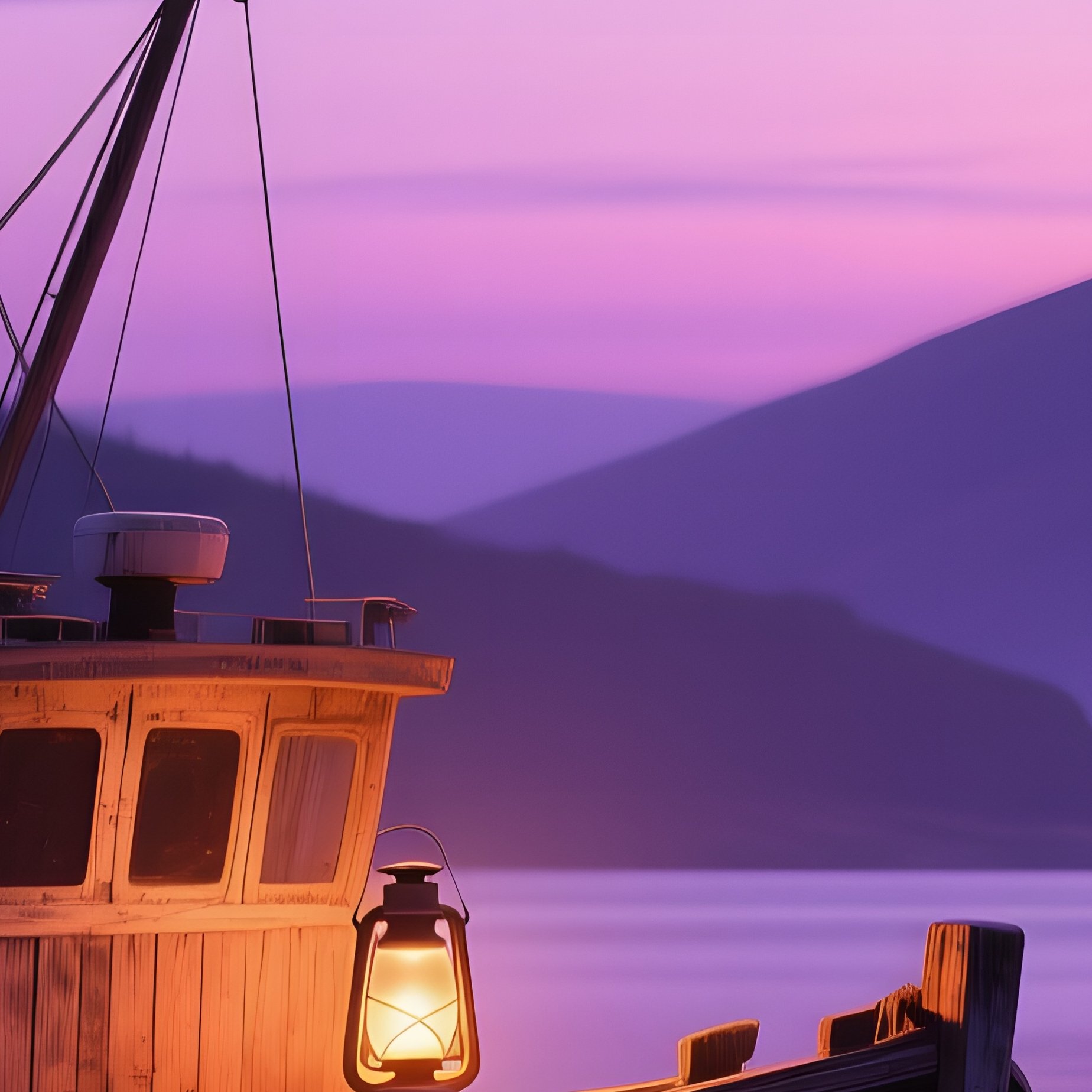 An Old Wooden Fishing Trawler Anchored In A Sheltered Cove At Dusk, Its Lantern Casting A Warm Glow - Full Resolution Quality Preview