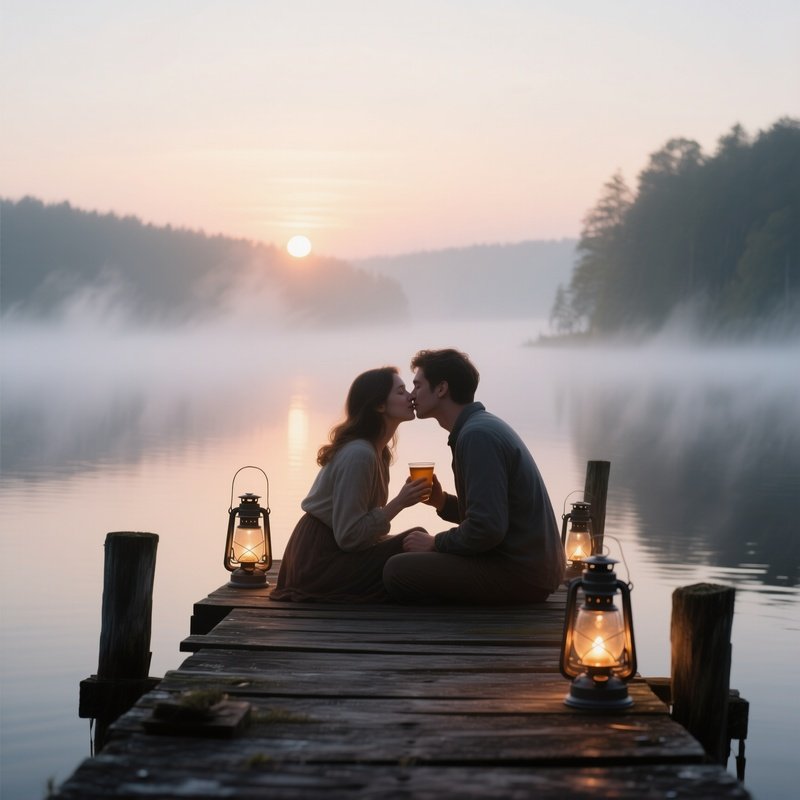 An Old Wooden Pier On A Foggy Lake At Dawn, Mist Swirling Around Lanterns, A Couple Shares A Warm