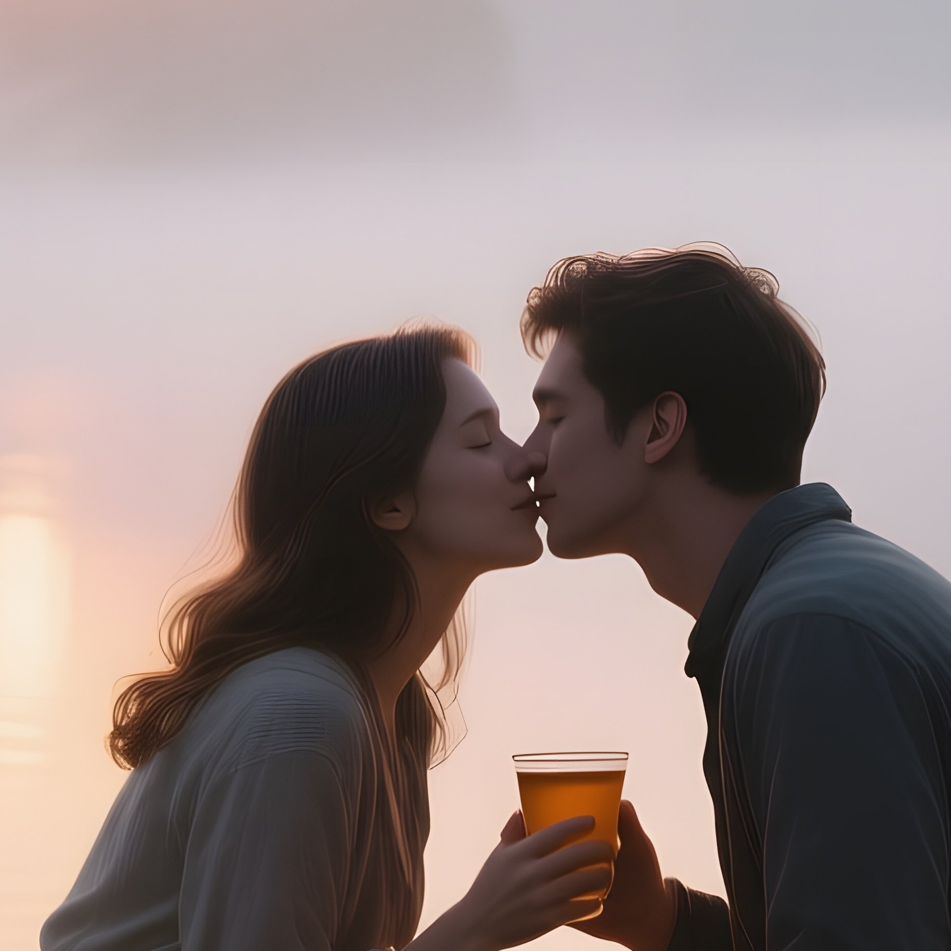 An Old Wooden Pier On A Foggy Lake At Dawn, Mist Swirling Around Lanterns, A Couple Shares A Warm - Full Resolution Quality Preview