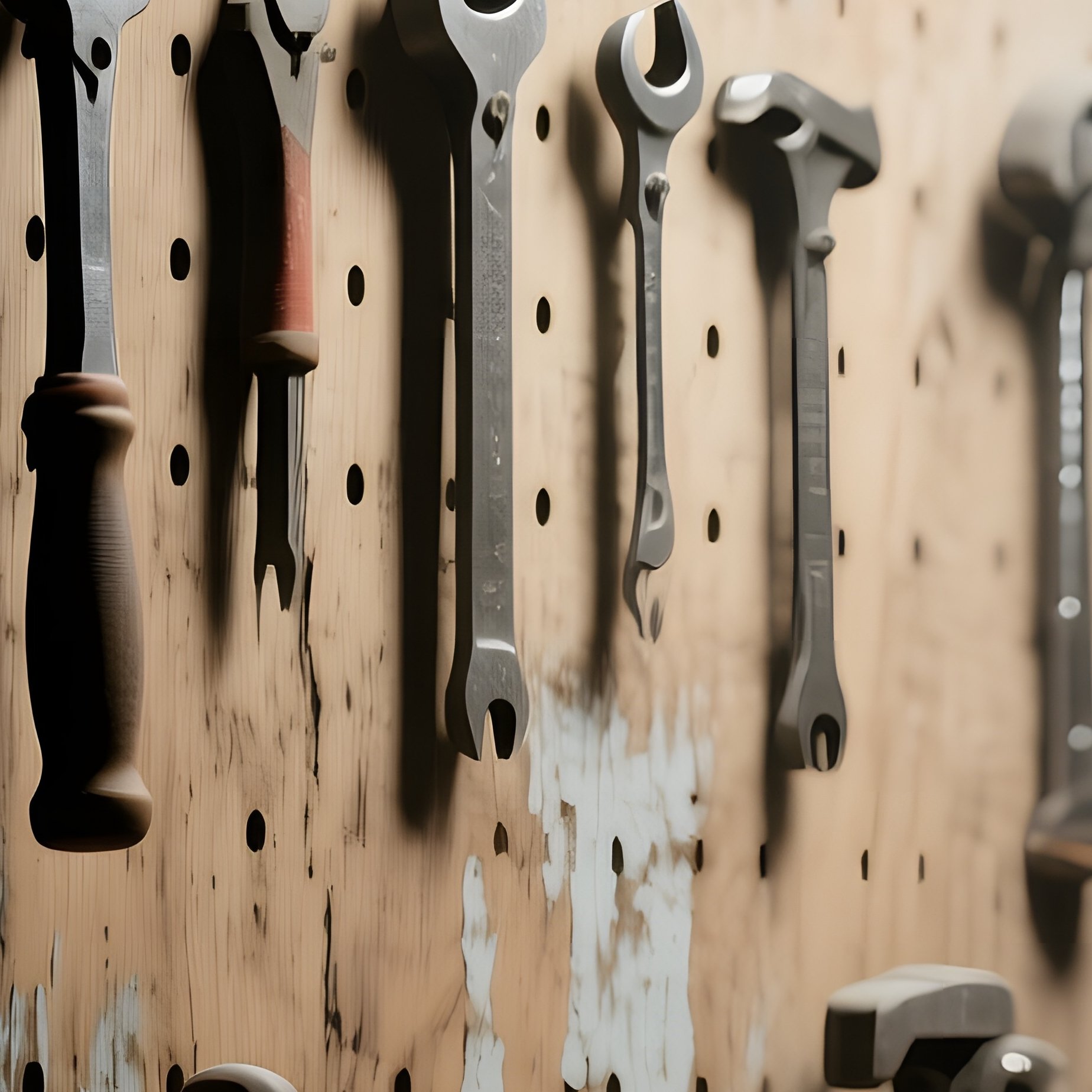 An Old Workshop Wall Lined With Pegboards Made Of Distressed Pine, Tools Hanging Casting Soft - Full Resolution Quality Preview