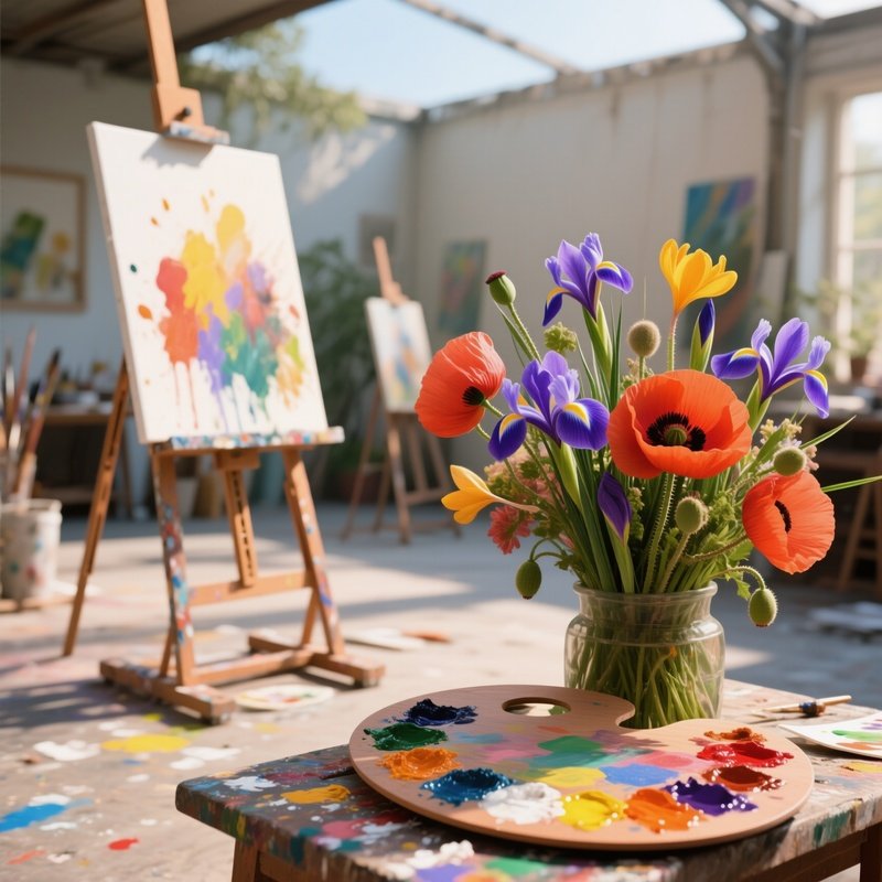 An Open‑Air Art Studio With Easels And Paint Splatters, Where An Artist’S Palette Sits Beside A