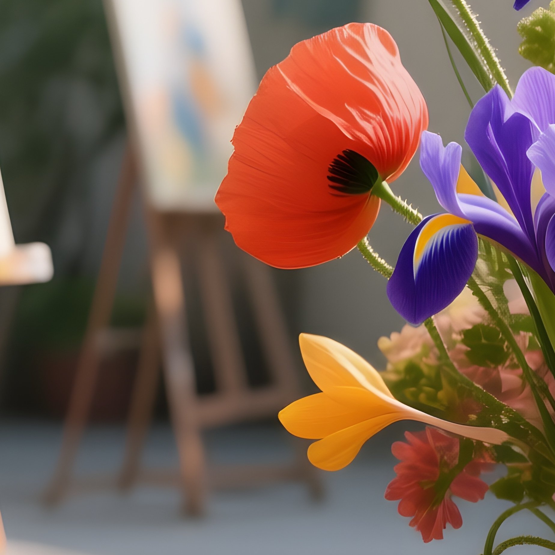 An Open‑Air Art Studio With Easels And Paint Splatters, Where An Artist’S Palette Sits Beside A - Full Resolution Quality Preview
