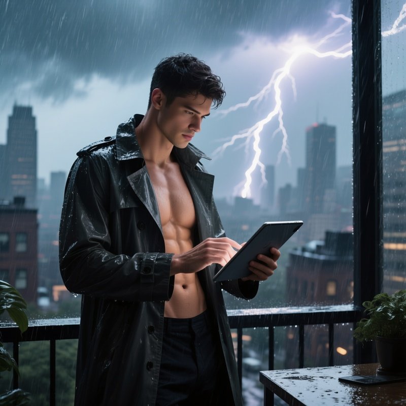 An Open‑Air Balcony Office During A Thunderstorm, A Six‑Pack Model In A Raincoat Unbuttoned To