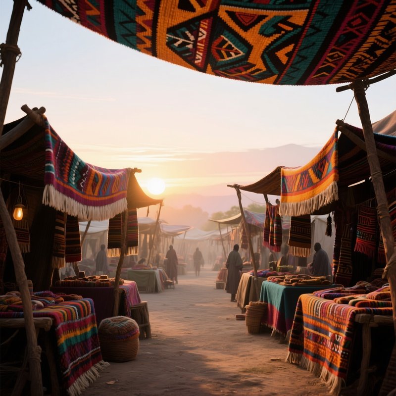 An Open‑Air Market At Sunrise, Where Stalls Are Draped In Hand‑Woven Wool Canopies Painted With
