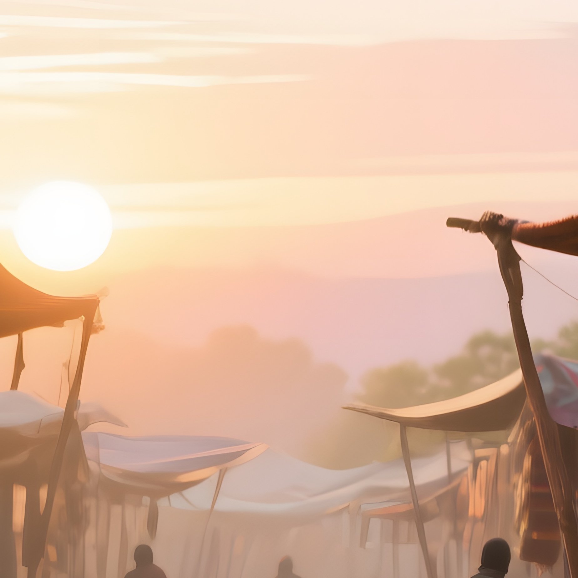 An Open‑Air Market At Sunrise, Where Stalls Are Draped In Hand‑Woven Wool Canopies Painted With - Full Resolution Quality Preview