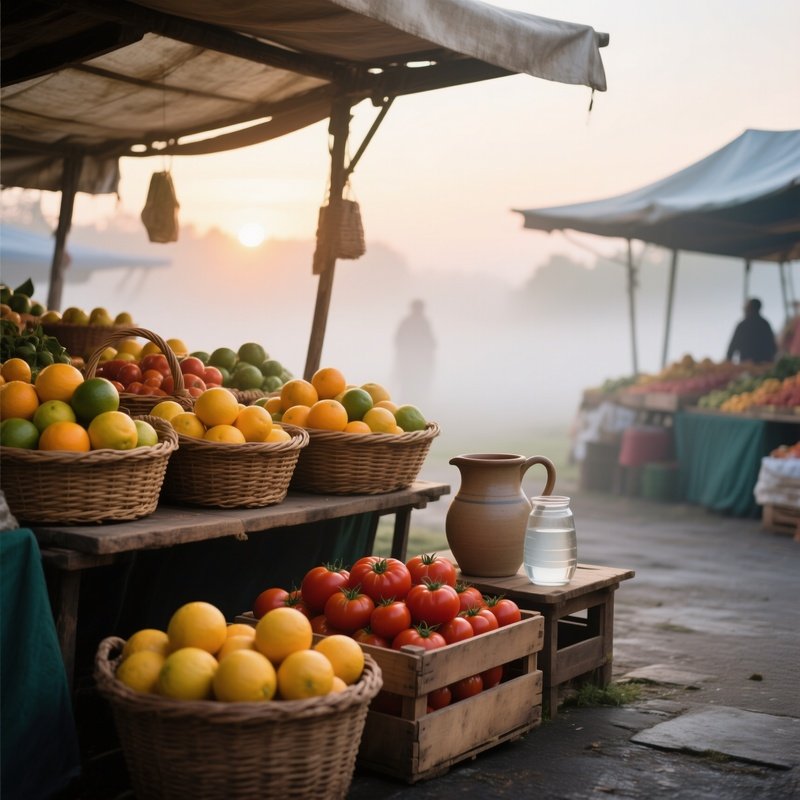 An Open‑Air Market Stall At Sunrise, With Woven Baskets Overflowing With Citrus Fruits, A Wooden