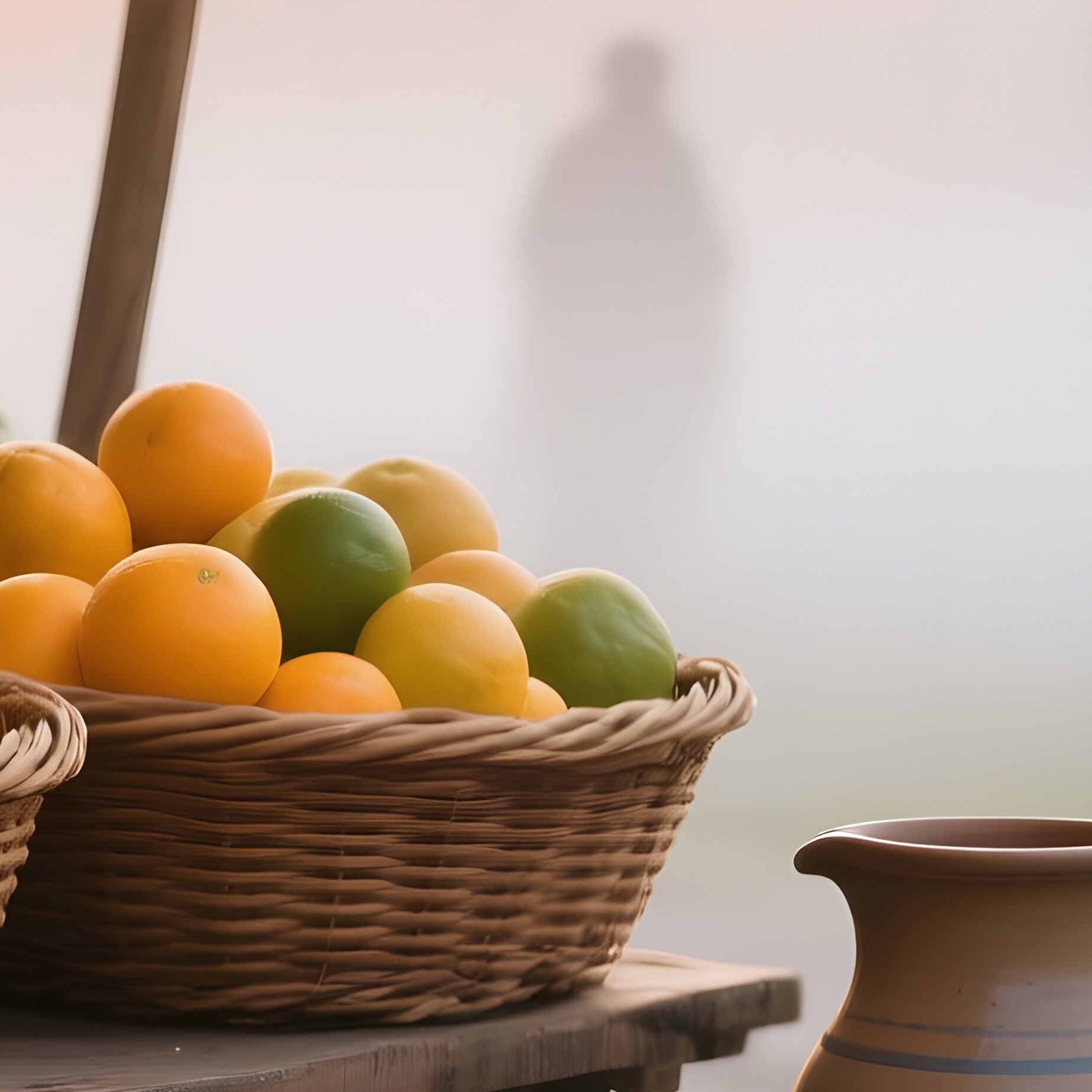 An Open‑Air Market Stall At Sunrise, With Woven Baskets Overflowing With Citrus Fruits, A Wooden - Full Resolution Quality Preview