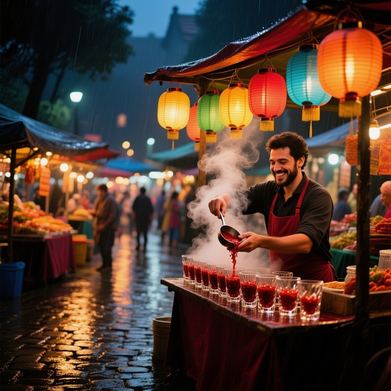 An Open Air Night Market Stall Illuminated By Colorful Lanterns, Where A Smiling Vendor Ladles