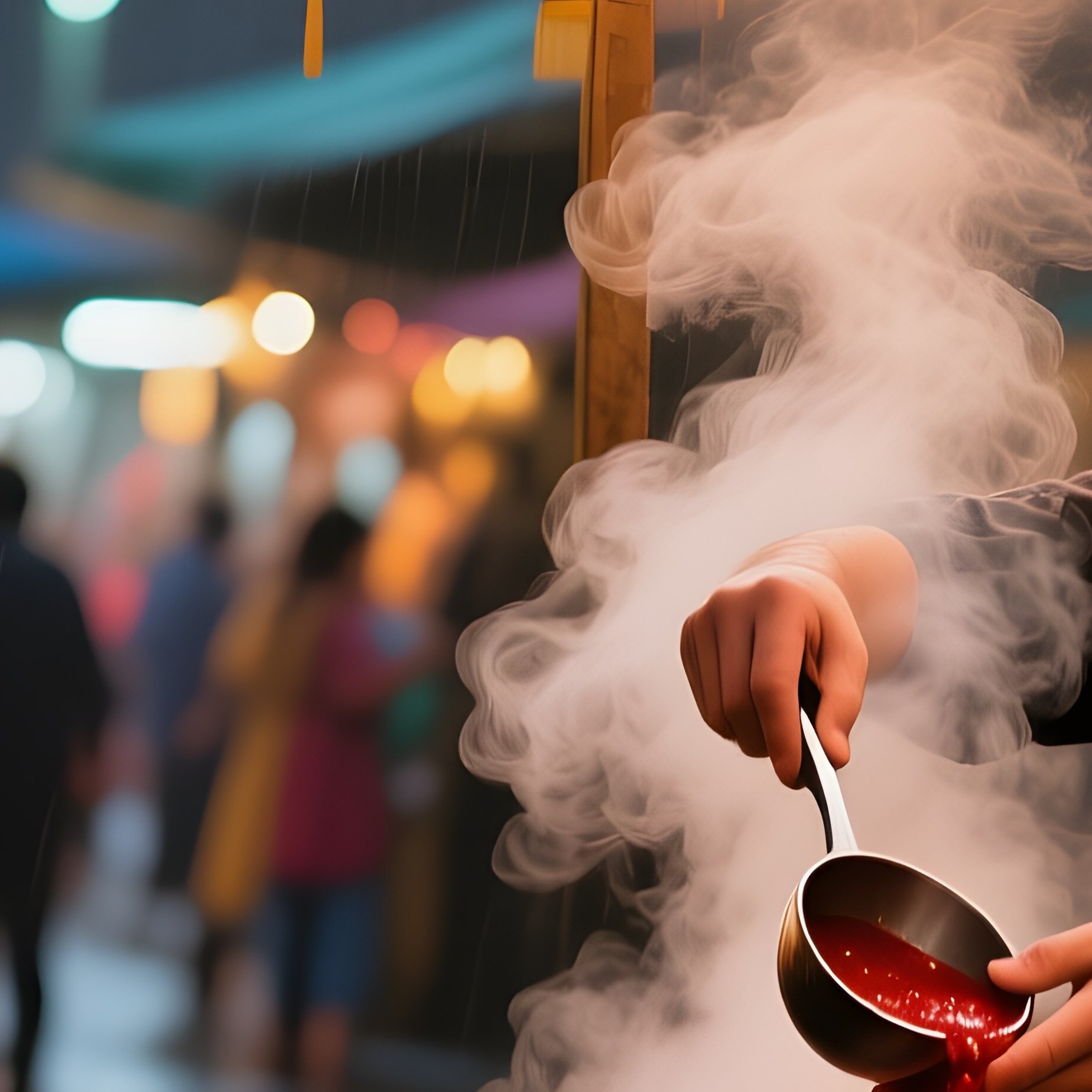 An Open Air Night Market Stall Illuminated By Colorful Lanterns, Where A Smiling Vendor Ladles - Full Resolution Quality Preview