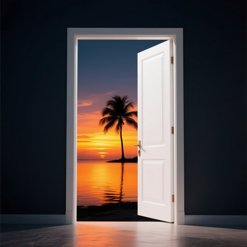 An Open Door Leading To A Scenic View Doorway Sunset