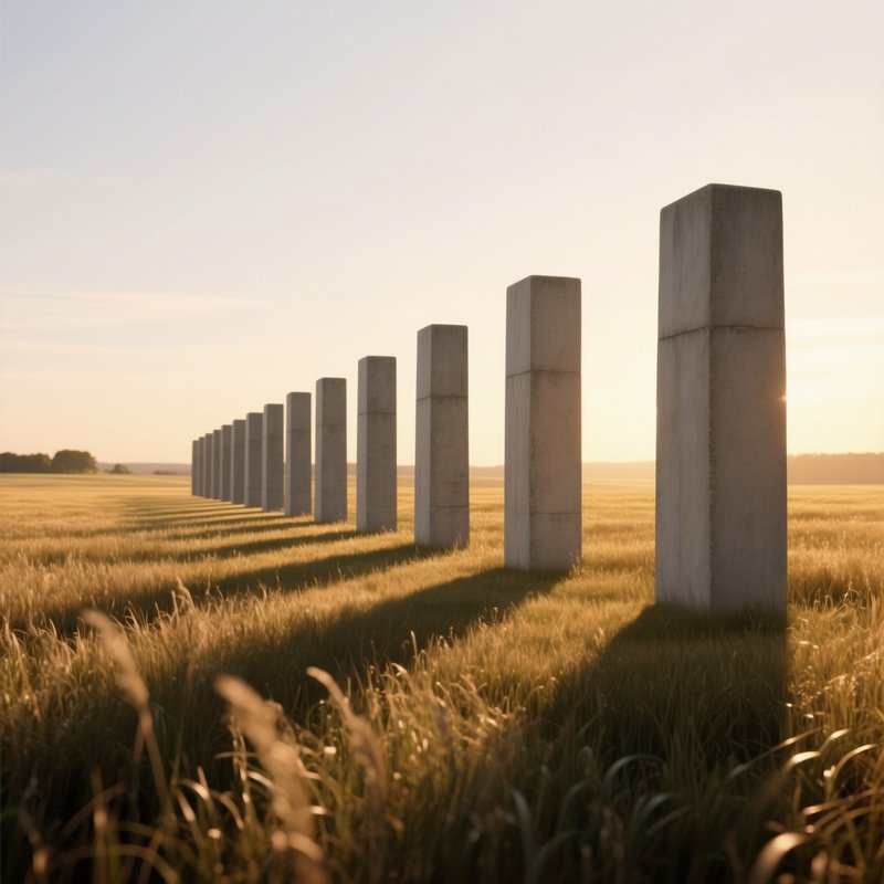 An Open Field At Golden Hour With A Series Of Minimalist Concrete Monoliths Aligned In A Perfect