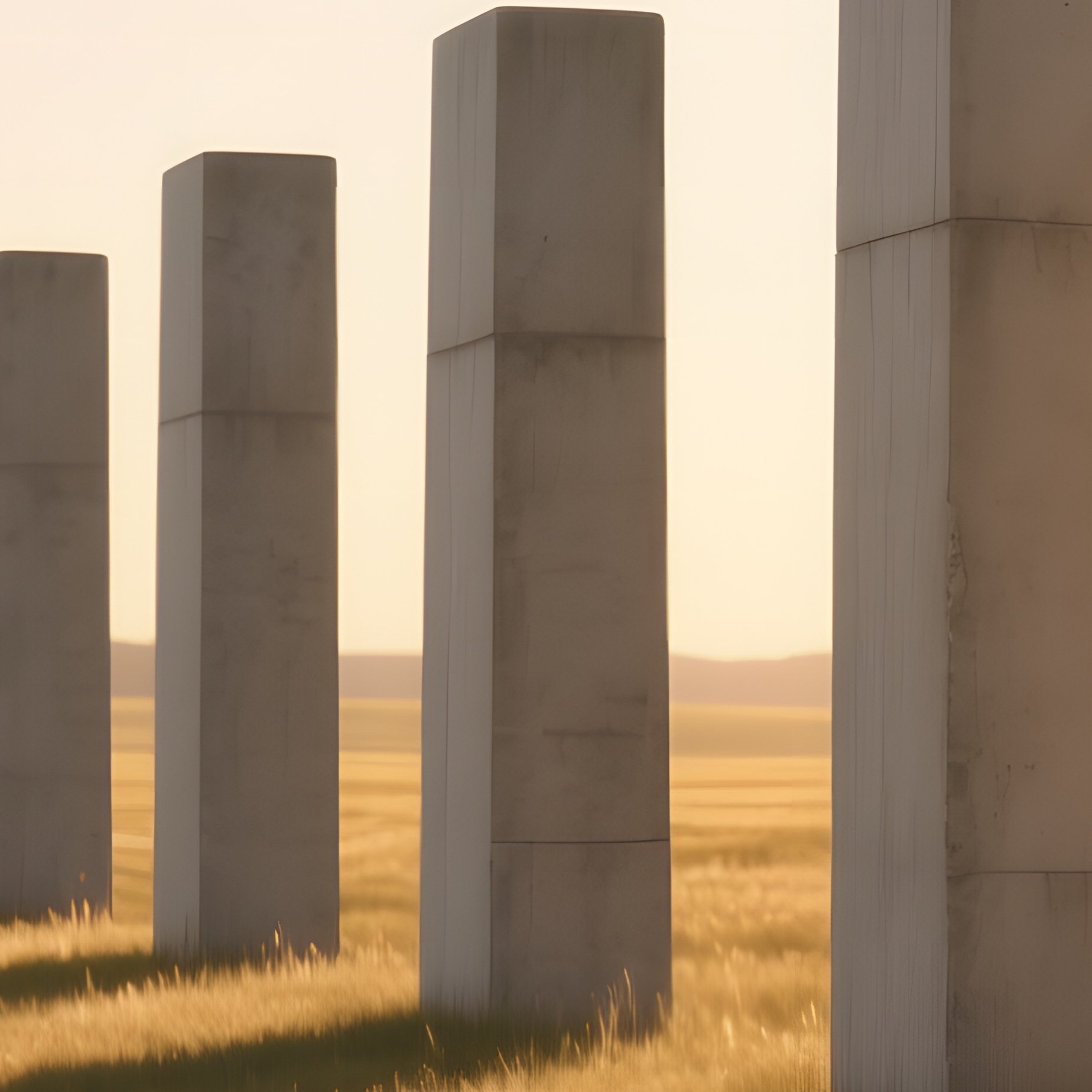 An Open Field At Golden Hour With A Series Of Minimalist Concrete Monoliths Aligned In A Perfect - Full Resolution Quality Preview