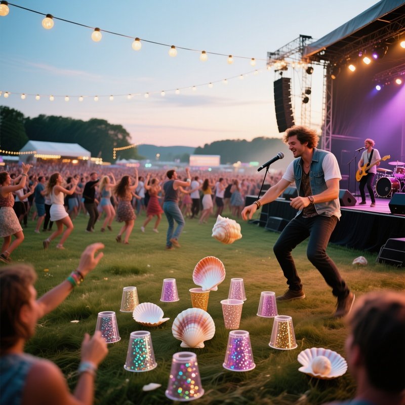 An Open Field During A Summer Music Festival, Crowds Dancing Under String Lights While A Side Stage