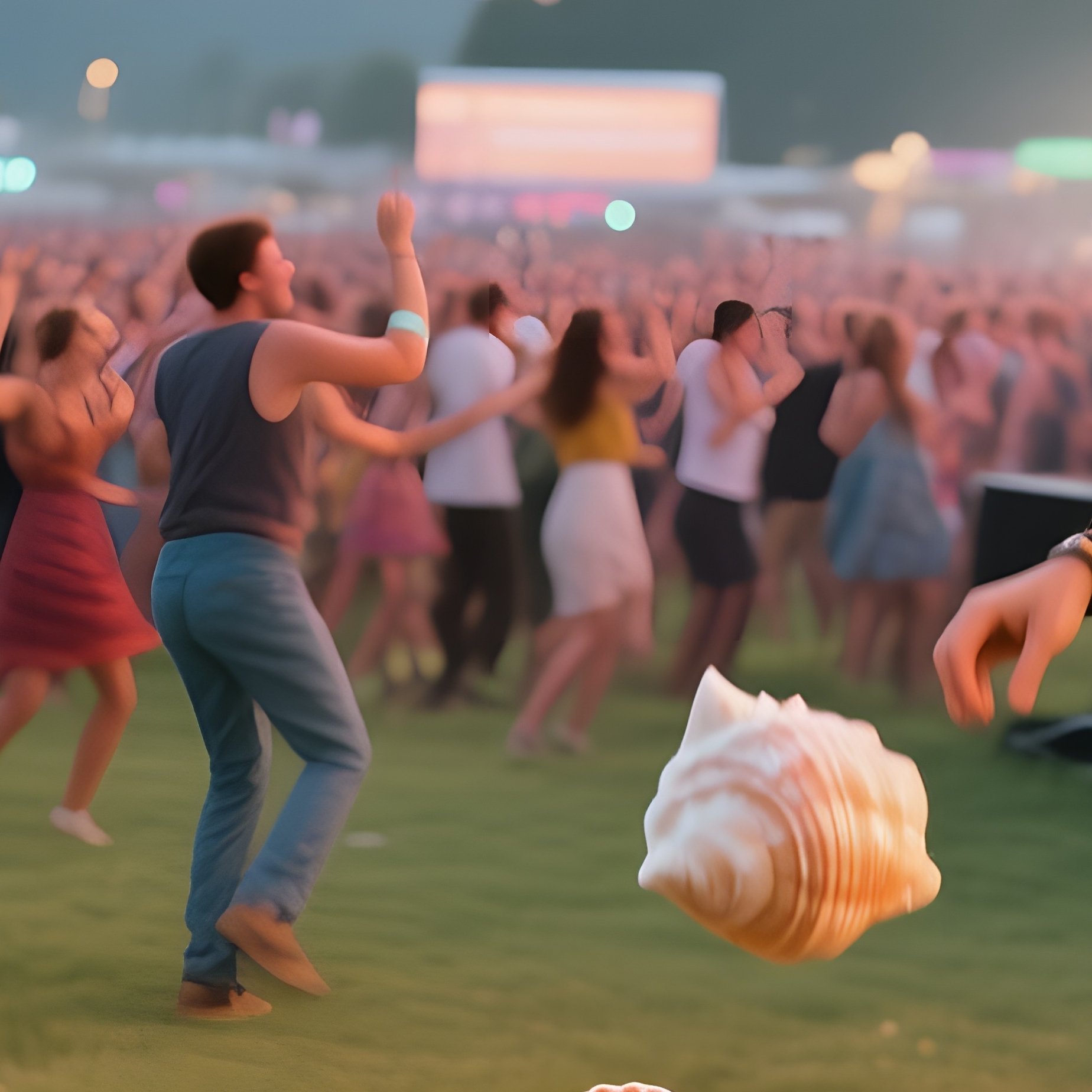 An Open Field During A Summer Music Festival, Crowds Dancing Under String Lights While A Side Stage - Full Resolution Quality Preview