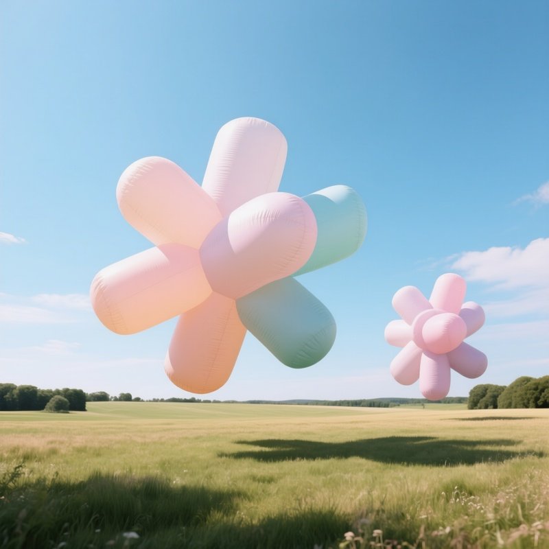 An Open Field Under A Clear Midday Sky Where Giant Inflatable Polymer Sculptures In Pastel Hues