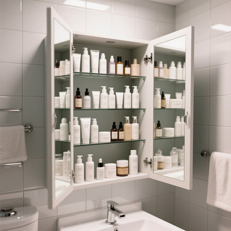 An Open Mirrored Medicine Cabinet Revealing Neat Rows Of Skincare Products And Toiletries In A Tiled, Clean Bathroom Setting.