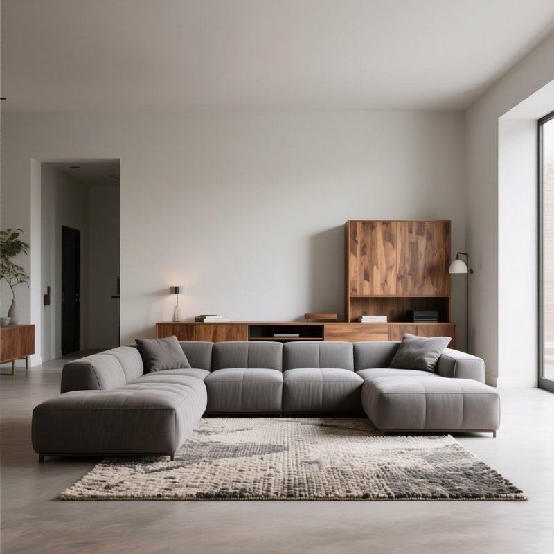 An Open Plan Living Area Centered Around A Modular Designer Sofa In Muted Grey, Paired With A Textured Area Rug And A Hand Finished Wooden Media Cabinet