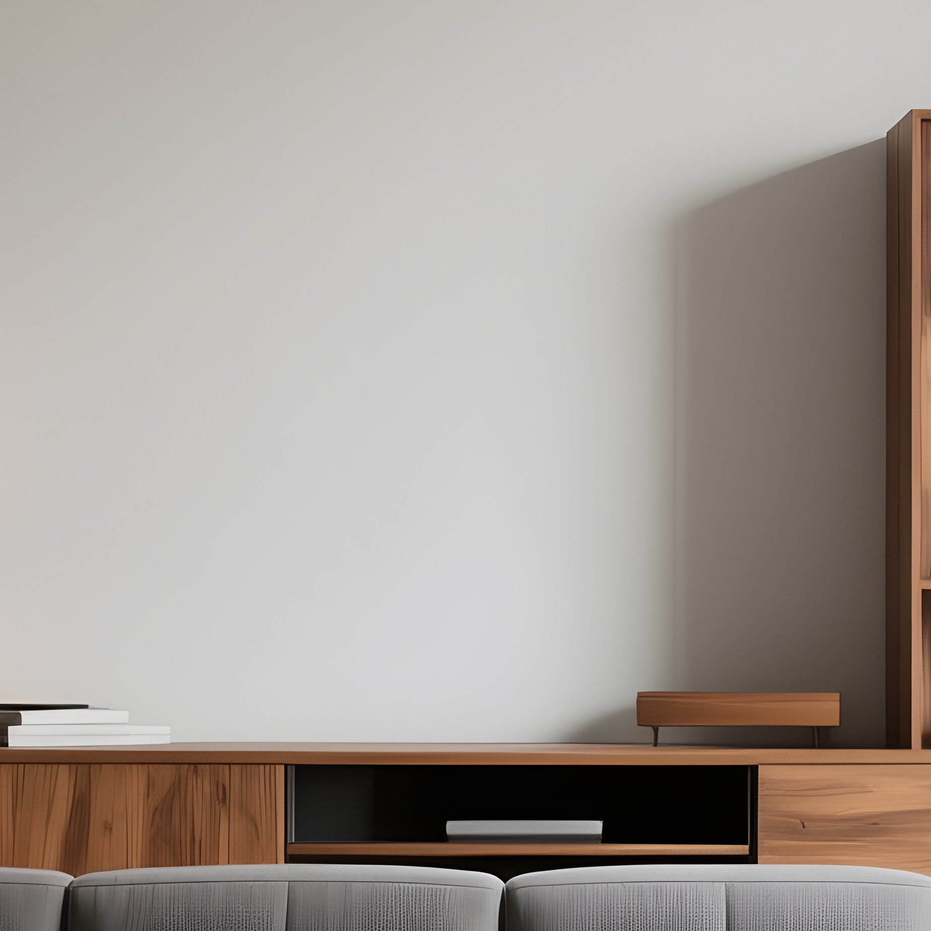 An Open Plan Living Area Centered Around A Modular Designer Sofa In Muted Grey, Paired With A Textured Area Rug And A Hand Finished Wooden Media Cabinet - Full Resolution Quality Preview