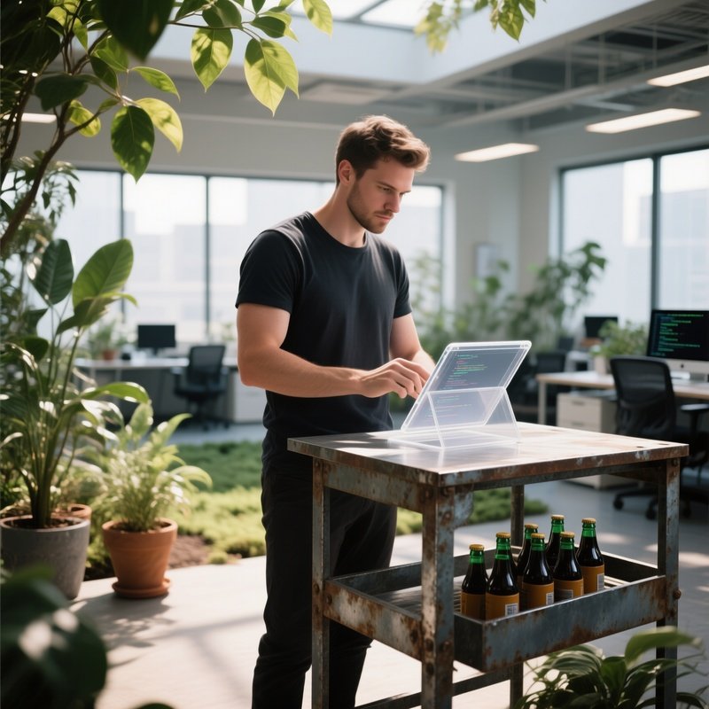 An Open‑Plan Office Garden With Potted Plants, A Six‑Pack Man On A Standing Desk Made Of Reclaimed