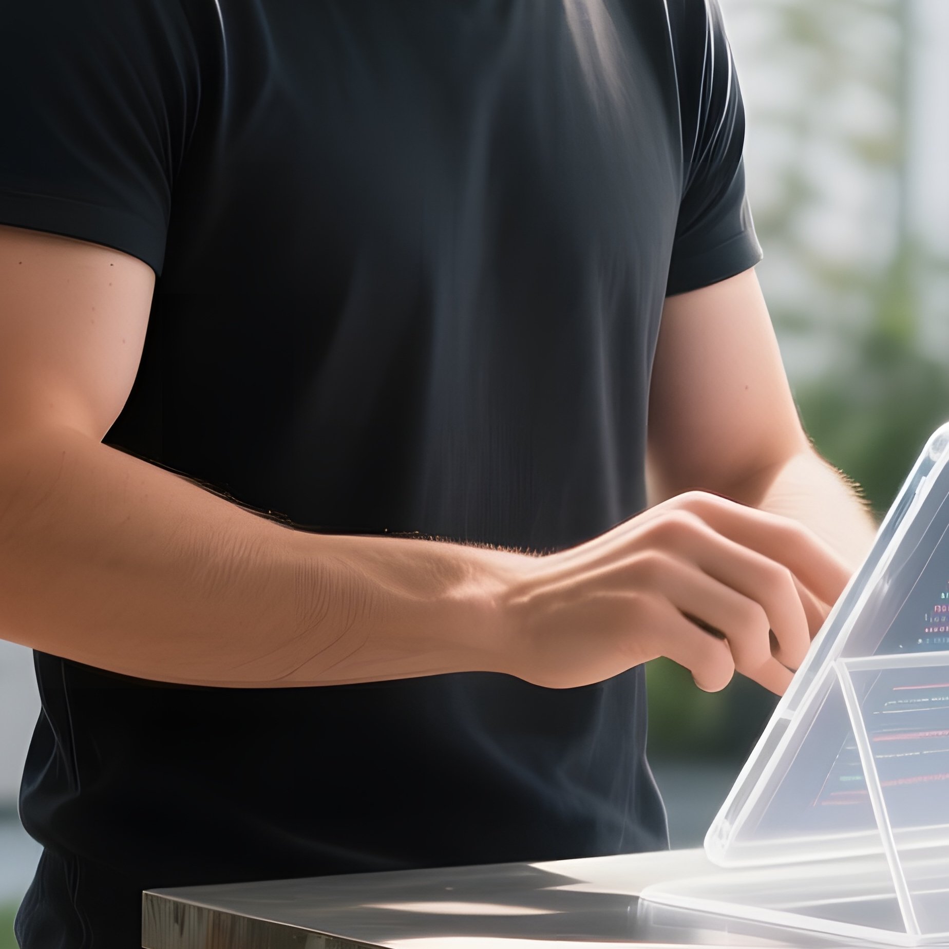 An Open‑Plan Office Garden With Potted Plants, A Six‑Pack Man On A Standing Desk Made Of Reclaimed - Full Resolution Quality Preview
