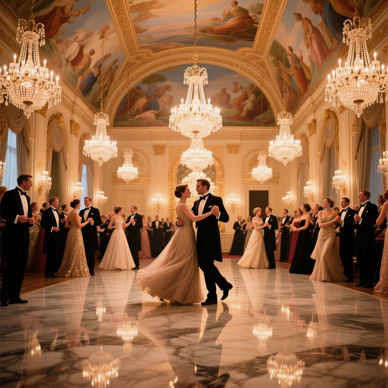 An Opulent Ballroom Bathed In Chandeliers' Warm Glow, Marble Floors Polished To Mirror Finish, And