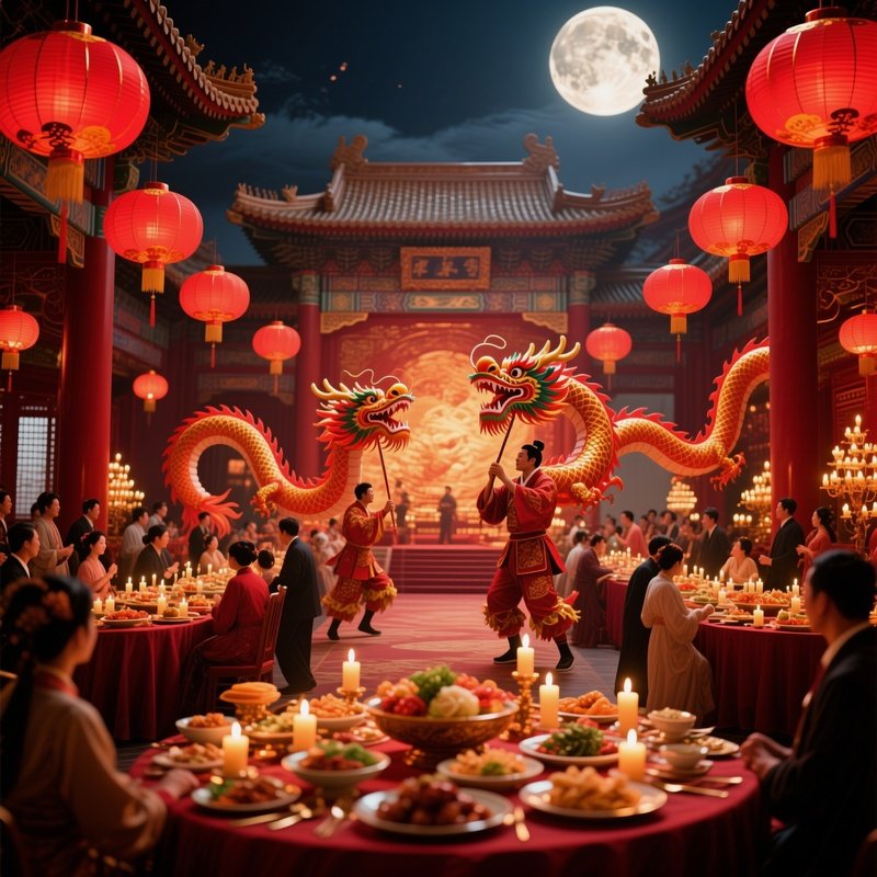 An Opulent Banquet Hall In A Chinese Imperial Palace During A Lunar Festival, Red Lanterns Glowing,