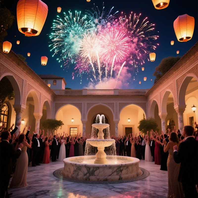 An Opulent Courtyard During A Fireworks Display, Lanterns Exploding In Bursts Of Color Above A