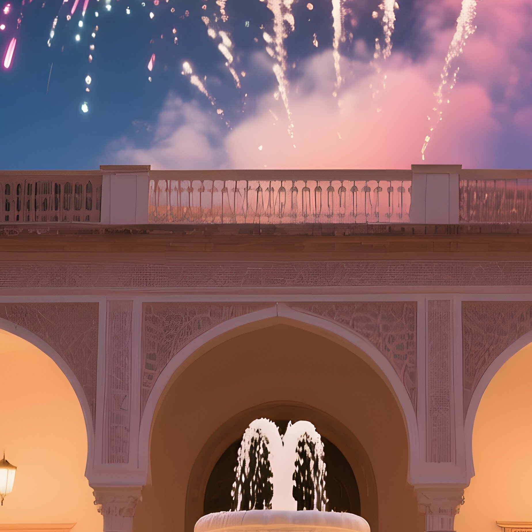 An Opulent Courtyard During A Fireworks Display, Lanterns Exploding In Bursts Of Color Above A - Full Resolution Quality Preview