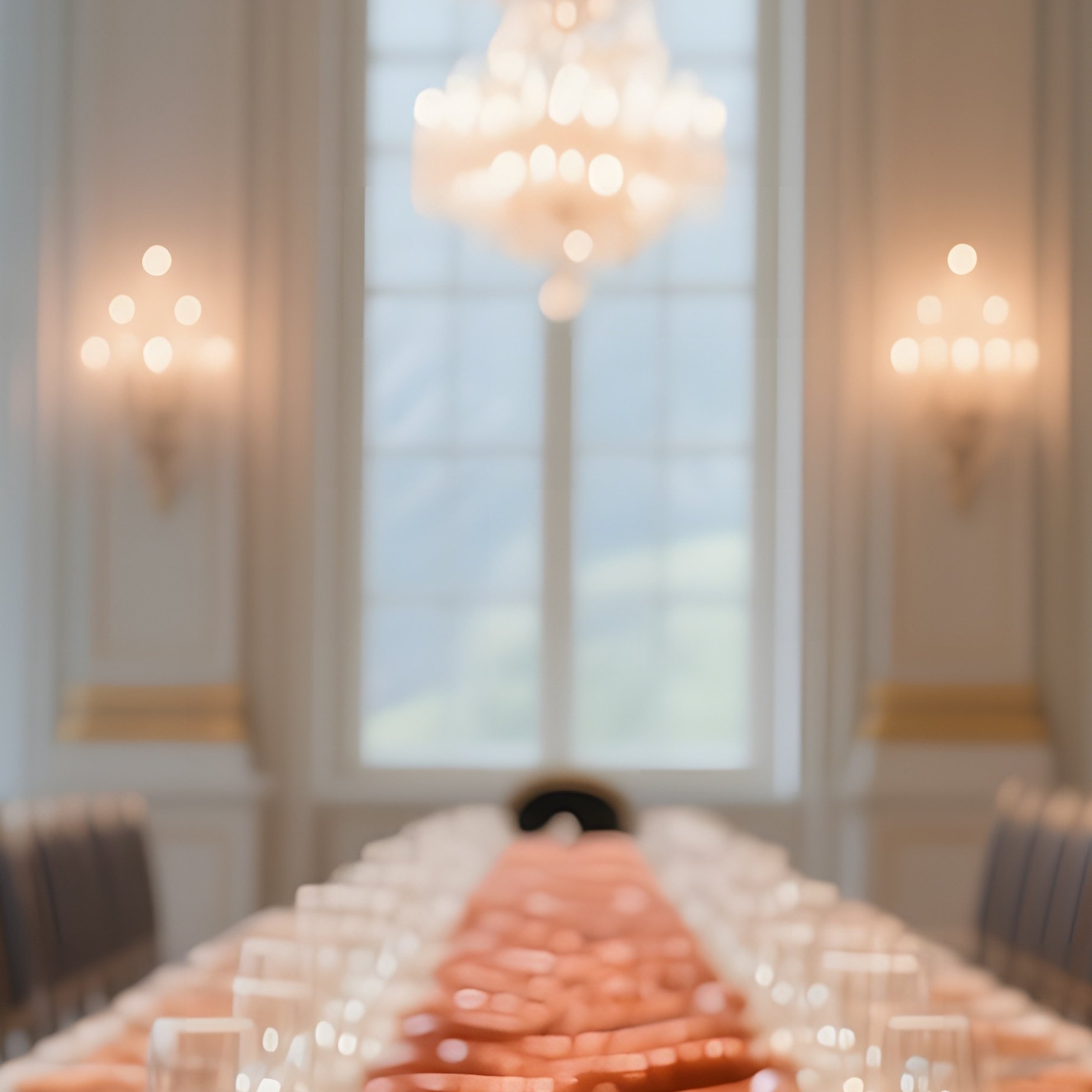 An Opulent Dining Hall With Towering Windows, Displaying A Massive Banquet Table Set With Plates - Full Resolution Quality Preview