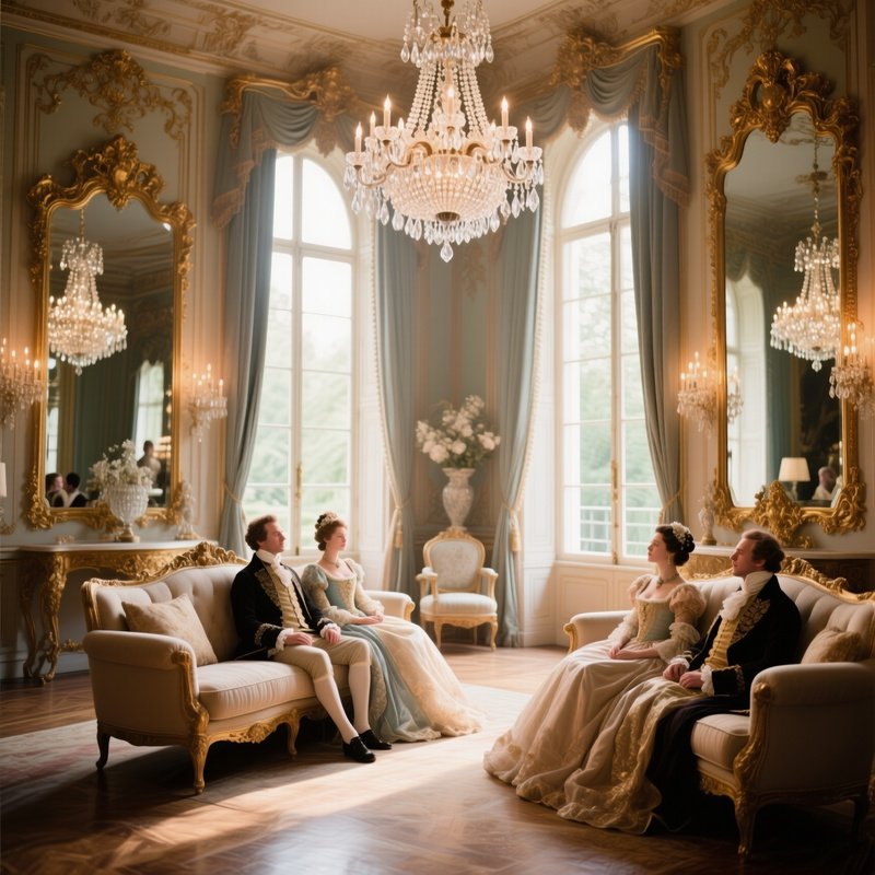 An Opulent French Rococo Salon Bathed In Natural Daylight From Large Windows, Aristocrats In