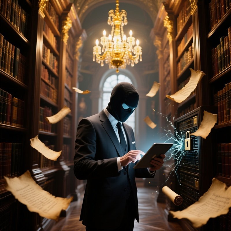 An Opulent Library With Towering Bookshelves, Golden Chandelier Lighting, A Sophisticated Hacker In