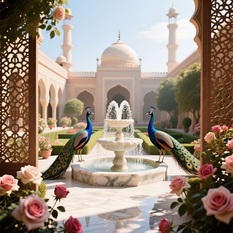 An Opulent Mughal Palace Garden At Midday, Marble Fountains Spouting Crystal Water, Peacocks